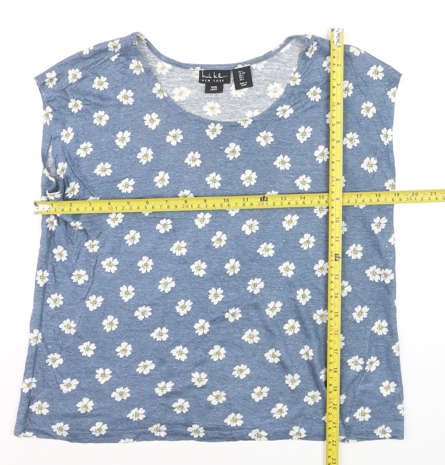 Nicole Miller Women’s Blue Floral Linen Sleeveless T-Shirt Size S