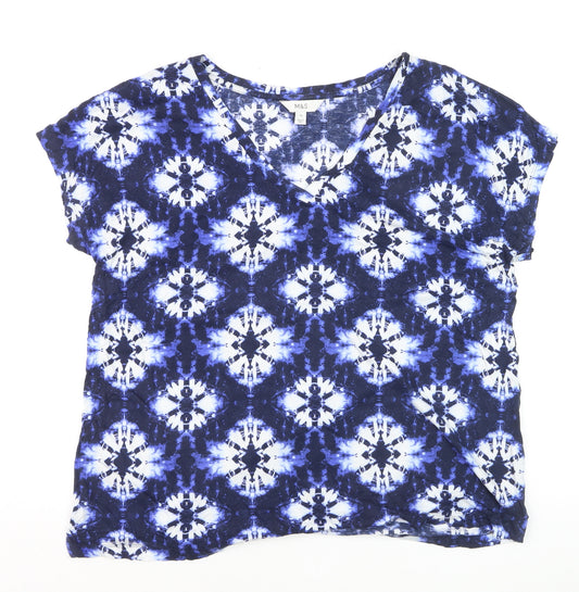 Marks and Spencer Women's Blue Geometric V-Neck Jersey T-Shirt Size 14