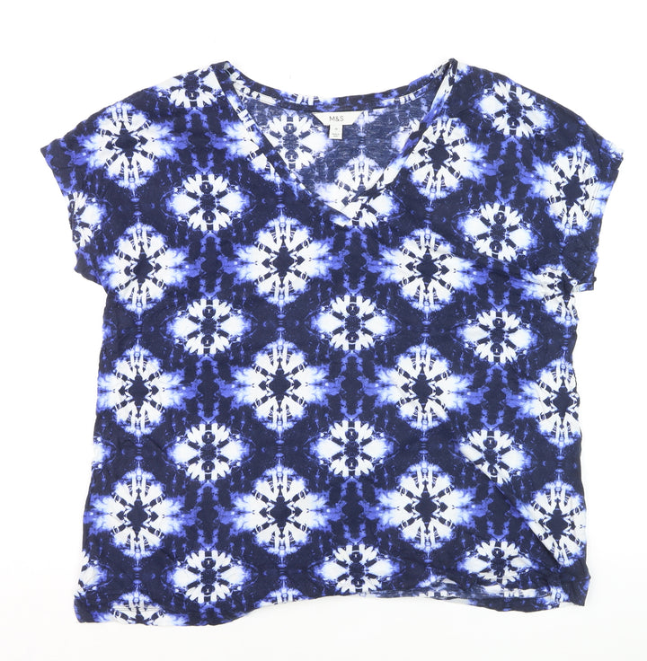 Marks and Spencer Women's Blue Geometric V-Neck Jersey T-Shirt Size 14