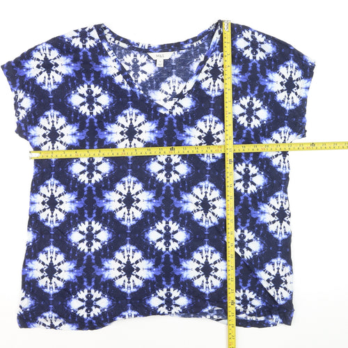 Marks and Spencer Women's Blue Geometric V-Neck Jersey T-Shirt Size 14