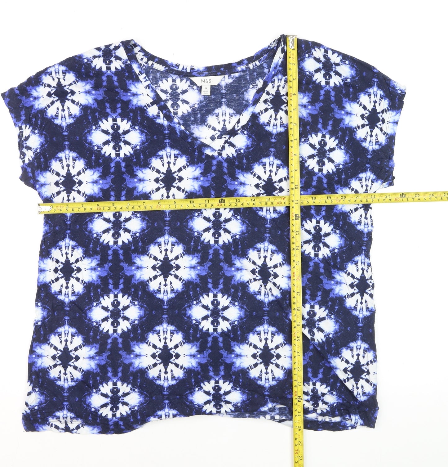 Marks and Spencer Women's Blue Geometric V-Neck Jersey T-Shirt Size 14