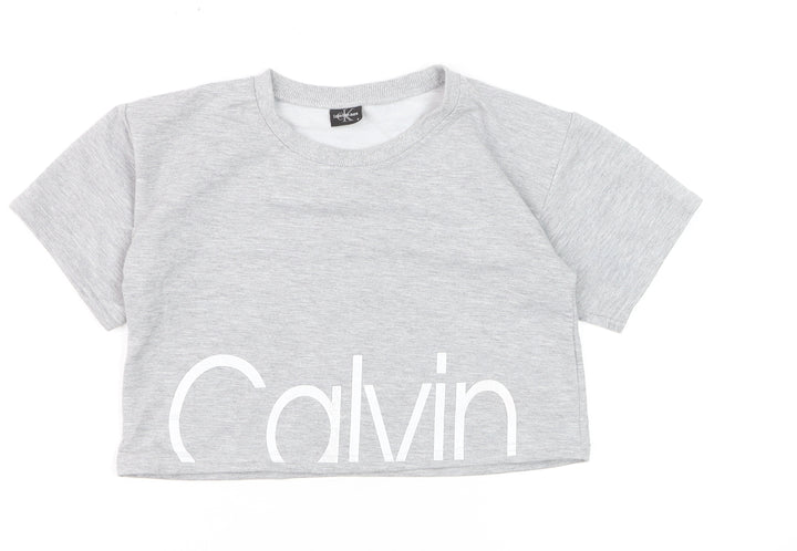 Calvin Klein Womens Grey Cropped Logo T-Shirt Size L Casual