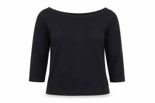 Front view of Monsoon Women's Black Boat Neck 3/4 Sleeve Cotton Blouse, size 10