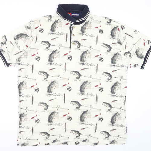 Reel Legends Men's Beige Fishing Print Cotton Polo Shirt L