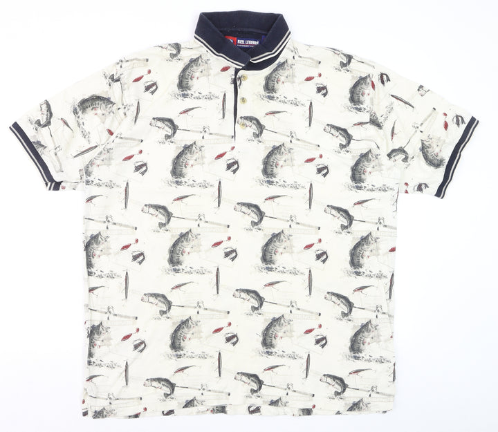 Reel Legends Men's Beige Fishing Print Cotton Polo Shirt L