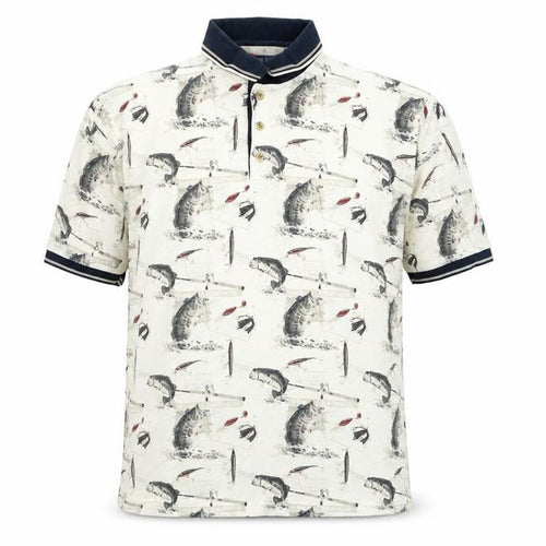 Reel Legends Men's Beige Fishing Print Cotton Polo Shirt L