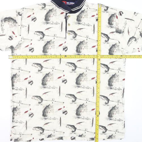 Reel Legends Men's Beige Fishing Print Cotton Polo Shirt L