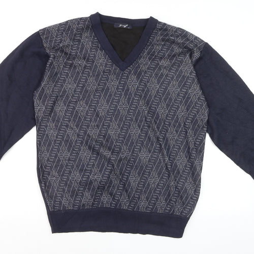 Gestoff Men's Blue Argyle V-Neck Pullover Jumper Size M