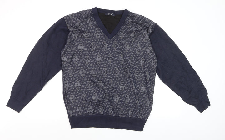 Gestoff Men's Blue Argyle V-Neck Pullover Jumper Size M