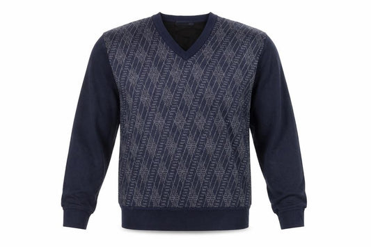 Front view of Gestoff Men's Blue Argyle V-Neck jumper, size M
