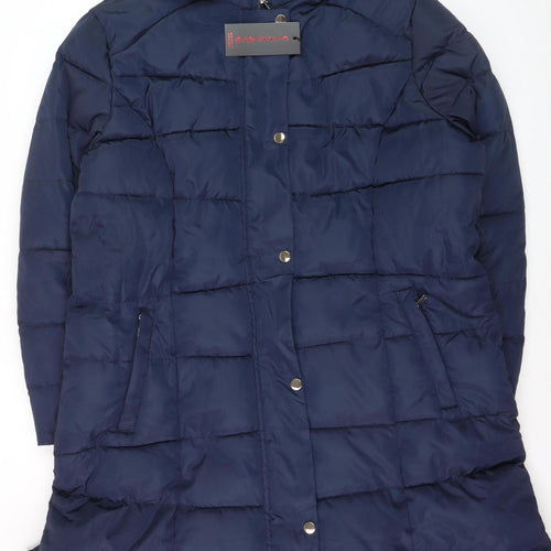 CISSY&CO Women's Blue Long Puffer Coat Size 28 Hooded Fur Trim