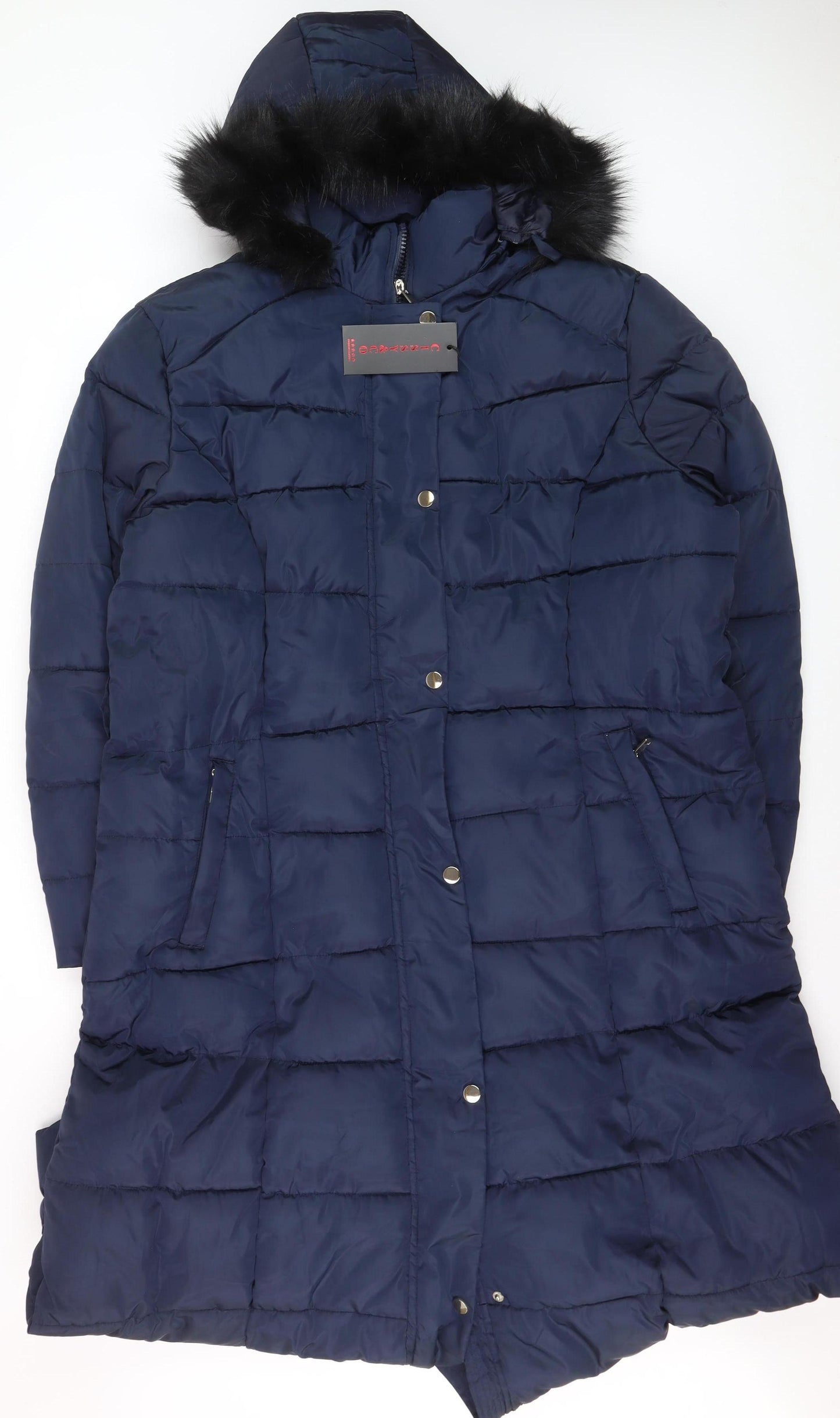 CISSY&CO Women's Blue Long Puffer Coat Size 28 Hooded Fur Trim