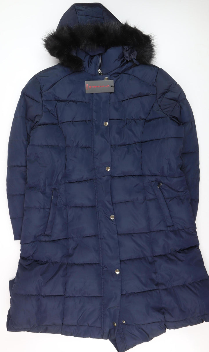 CISSY&CO Women's Blue Long Puffer Coat Size 28 Hooded Fur Trim