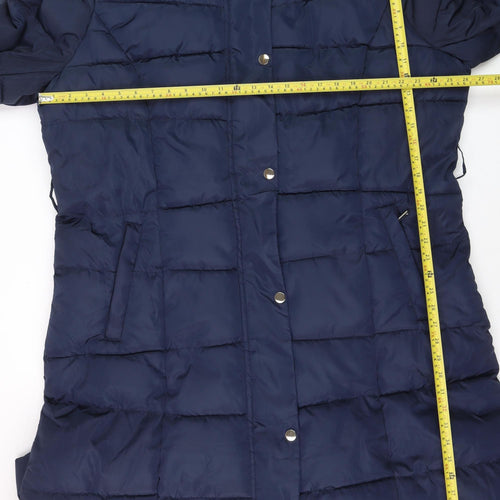 CISSY&CO Women's Blue Long Puffer Coat Size 28 Hooded Fur Trim
