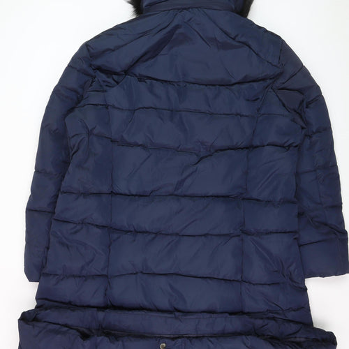 CISSY&CO Women's Blue Long Puffer Coat Size 28 Hooded Fur Trim