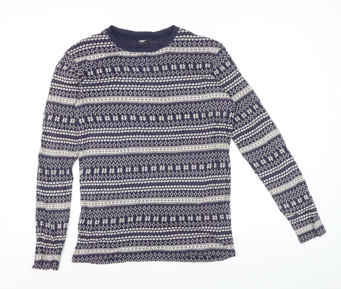 Cotton Traders Men's Blue Fair Isle Long Sleeve Cotton Top L
