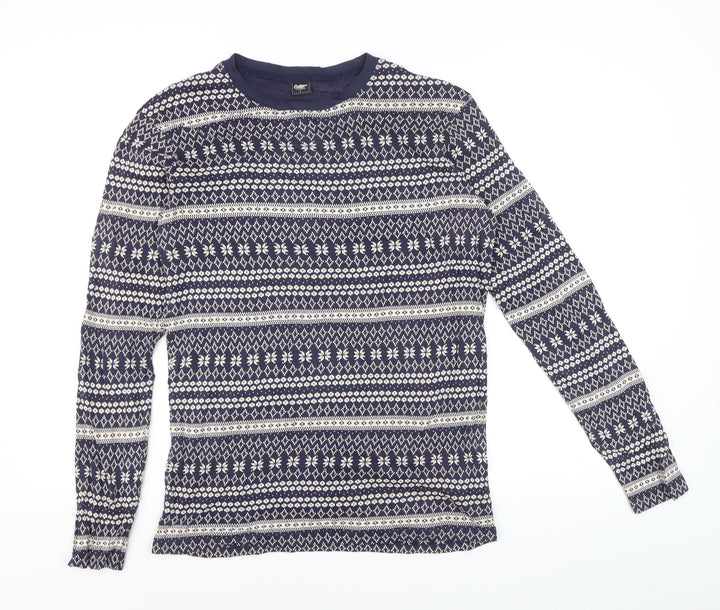 Cotton Traders Men's Blue Fair Isle Long Sleeve Cotton Top L
