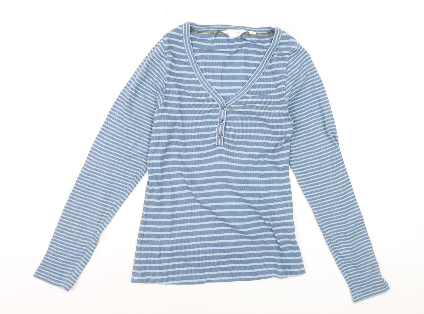 White Stuff Women’s Blue Striped Long Sleeve V-Neck Cotton T-Shirt Size 10