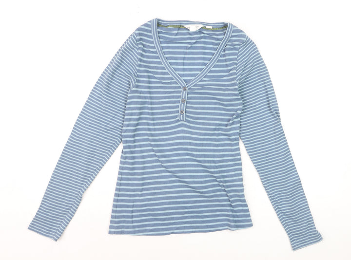 White Stuff Women’s Blue Striped Long Sleeve V-Neck Cotton T-Shirt Size 10