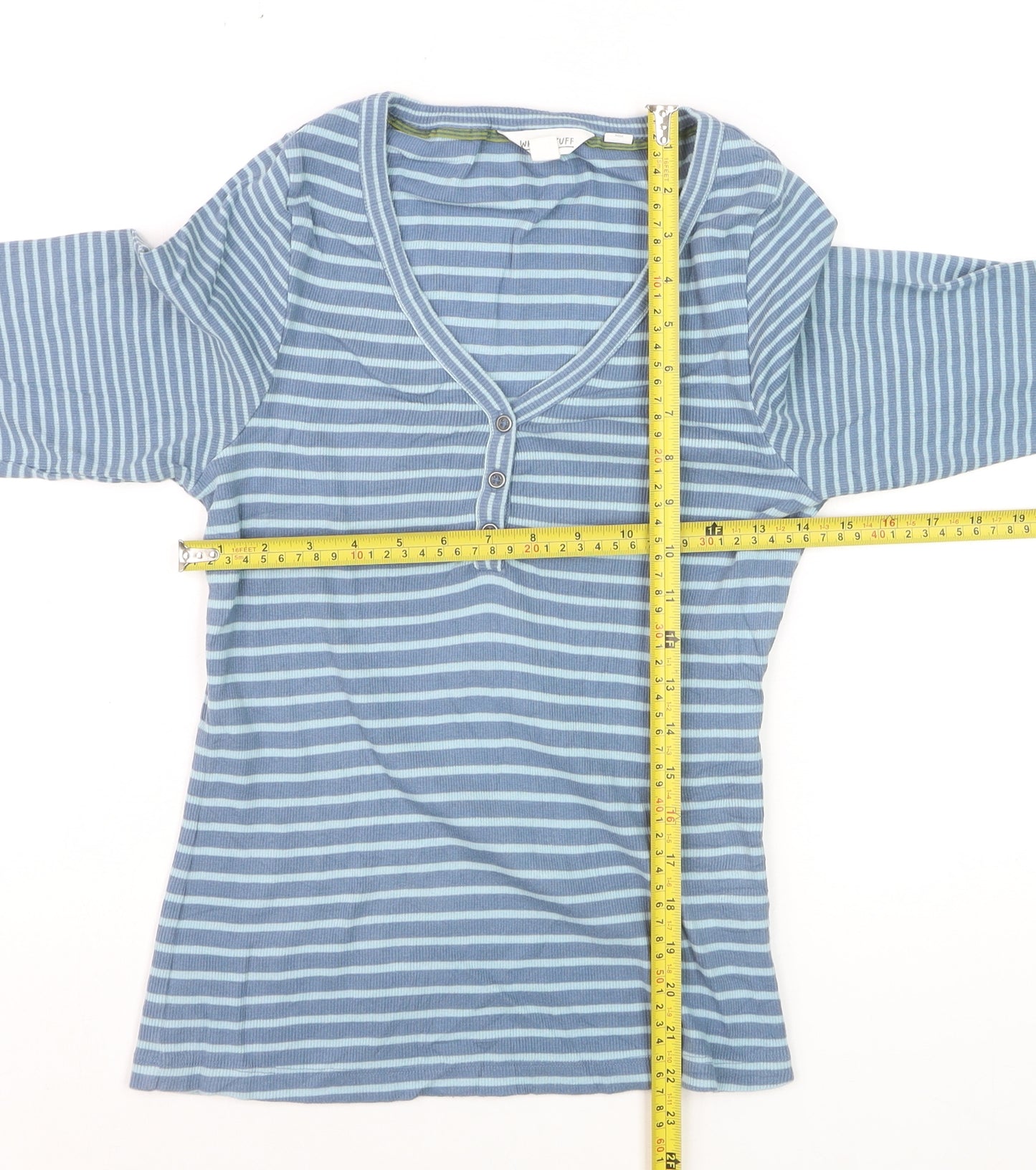 White Stuff Women’s Blue Striped Long Sleeve V-Neck Cotton T-Shirt Size 10