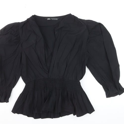 Zara Women Black XS Wrap Blouse Puff Sleeve V-Neck Ruffle Hem