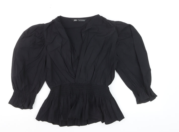 Zara Women Black XS Wrap Blouse Puff Sleeve V-Neck Ruffle Hem