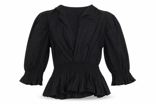 Front view of Zara Women Black XS Wrap Blouse Puff Sleeve V-Neck Ruffle Hem