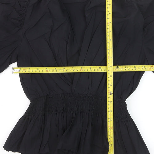 Zara Women Black XS Wrap Blouse Puff Sleeve V-Neck Ruffle Hem