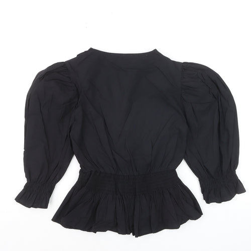 Zara Women Black XS Wrap Blouse Puff Sleeve V-Neck Ruffle Hem