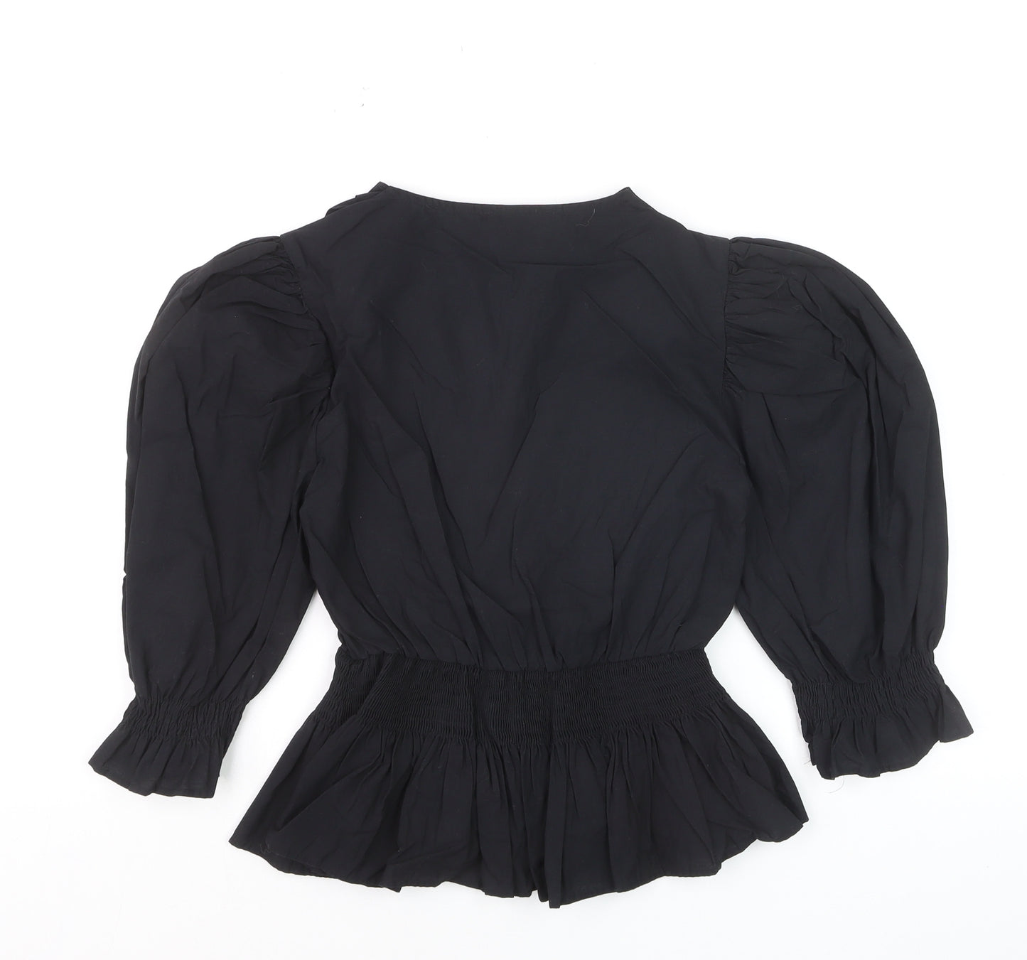 Zara Women Black XS Wrap Blouse Puff Sleeve V-Neck Ruffle Hem