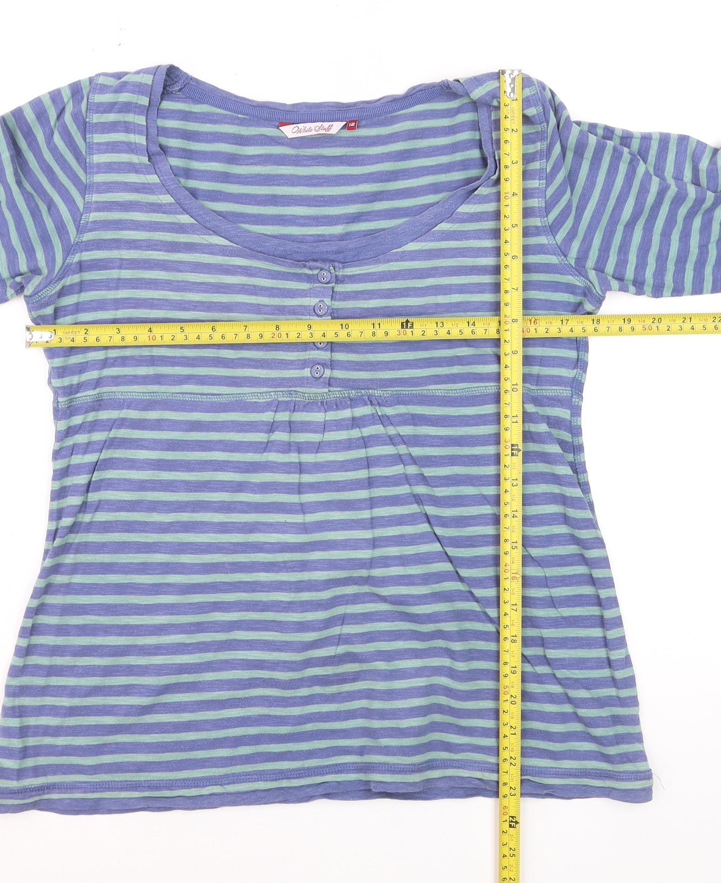 White Stuff Women's Blue Striped Jersey 3/4 Sleeve Cotton T-Shirt Size 12