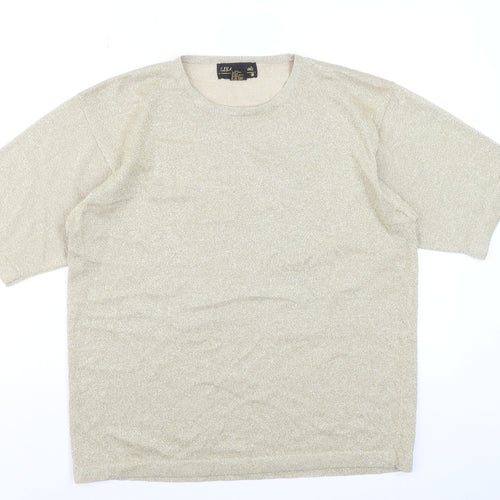 LISA Originals Womens Beige Metallic Knit Short Sleeve T-Shirt Size L