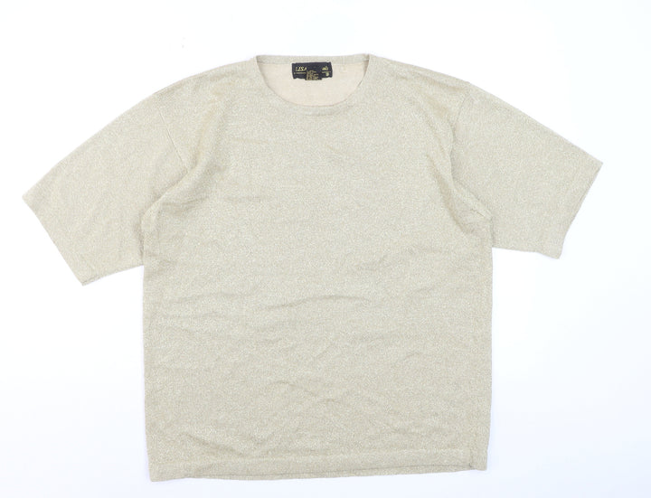 LISA Originals Womens Beige Metallic Knit Short Sleeve T-Shirt Size L