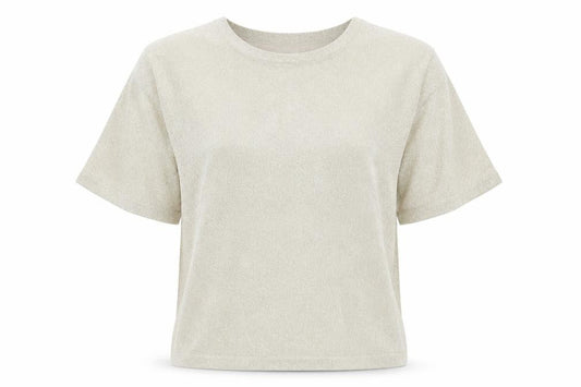 Front view of LISA Originals women’s beige metallic knit short sleeve t-shirt, size L