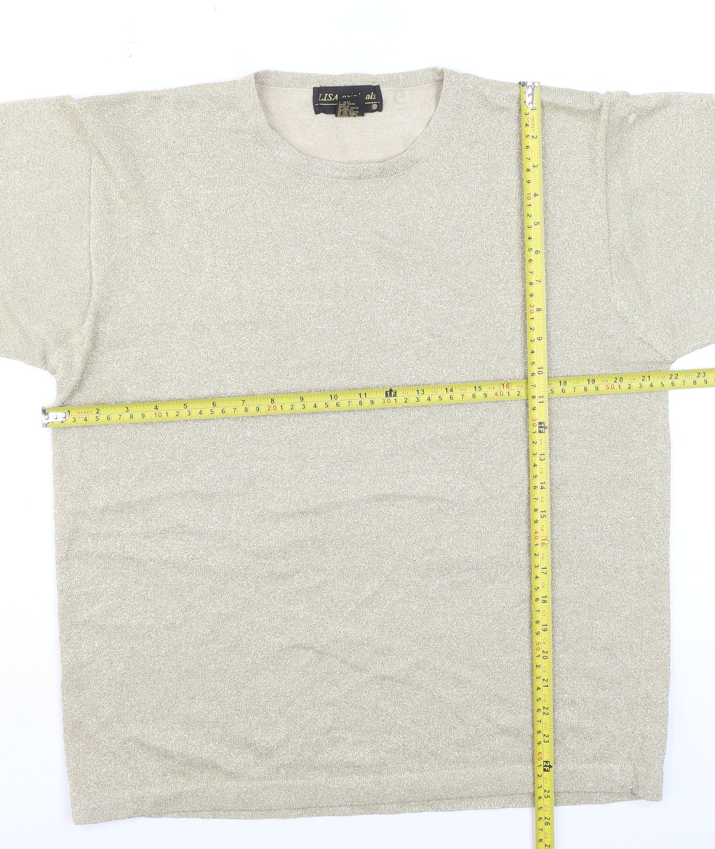 LISA Originals Womens Beige Metallic Knit Short Sleeve T-Shirt Size L