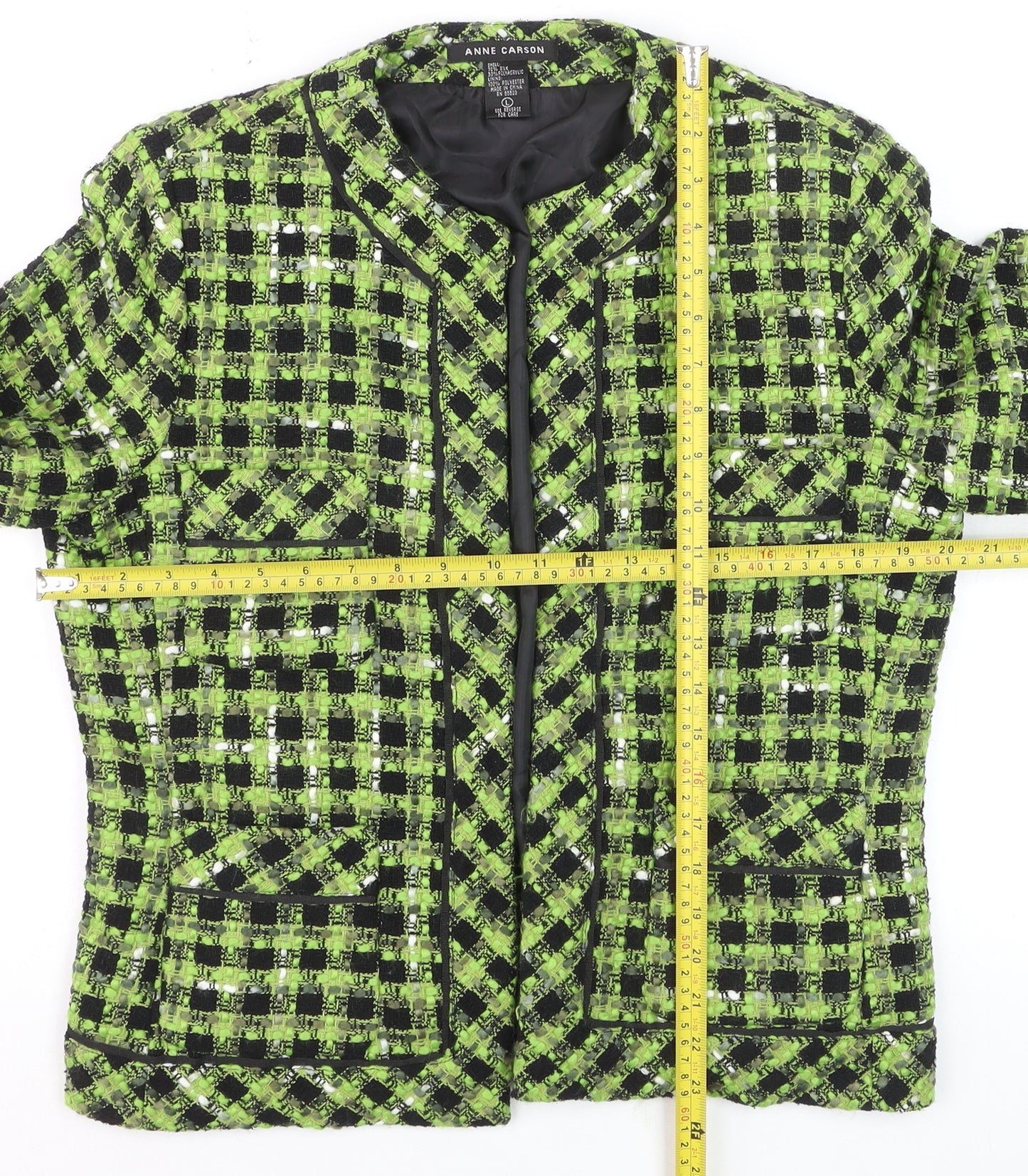 Anne Carson Women's Green Black Check Bouclé Suit Jacket Size L