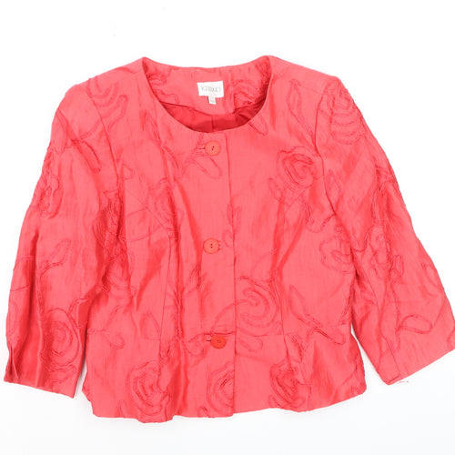 Kaliko Women Red Linen Blend Floral Jacket Size 14 3/4 Sleeve