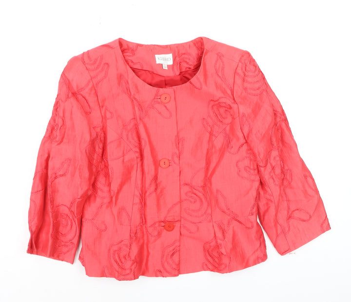 Kaliko Women Red Linen Blend Floral Jacket Size 14 3/4 Sleeve