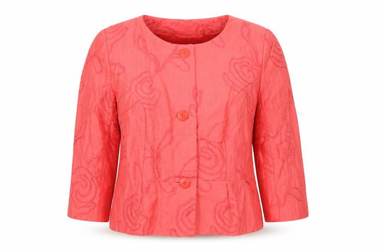 Front view of Kaliko Women Red Linen Blend Floral Jacket, size 14, 3/4 Sleeve