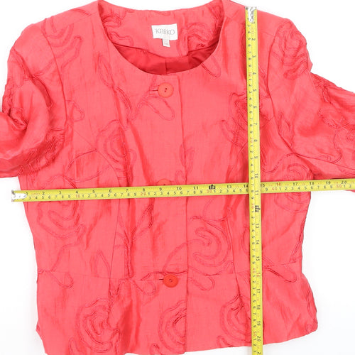 Kaliko Women Red Linen Blend Floral Jacket Size 14 3/4 Sleeve