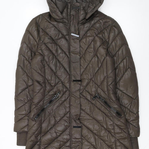 Wados Women Brown Long Puffer Coat Quilted Hooded Size L