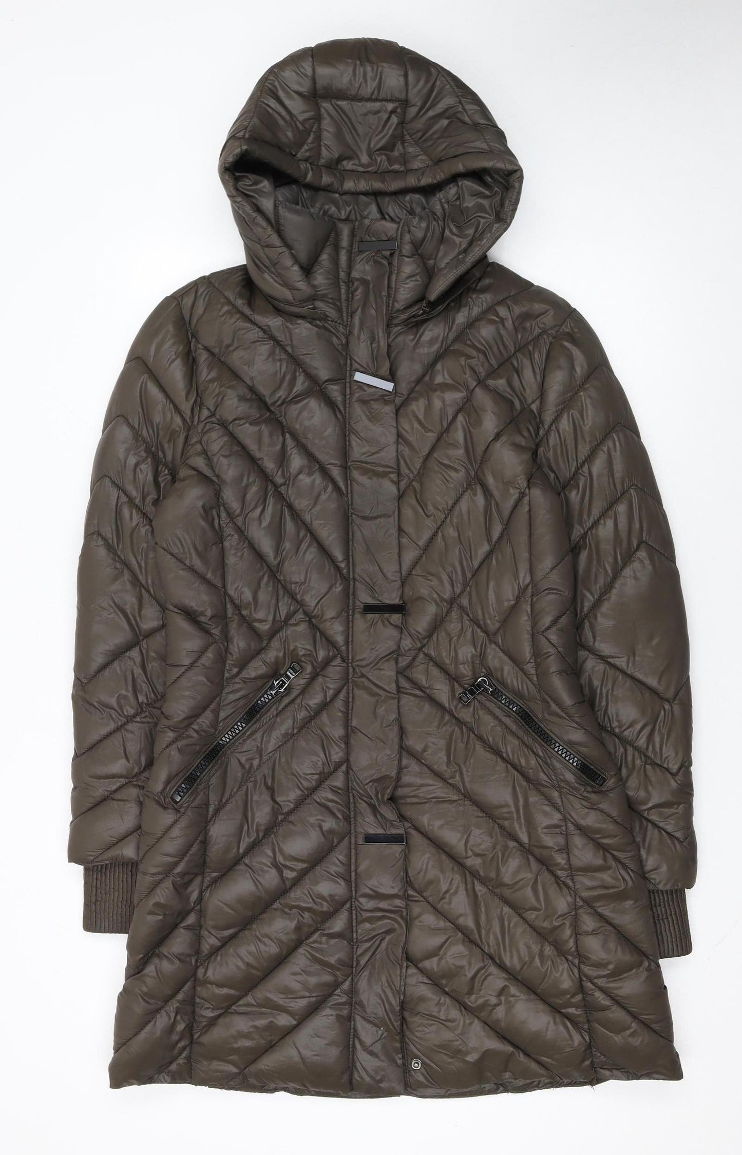 Wados Women Brown Long Puffer Coat Quilted Hooded Size L