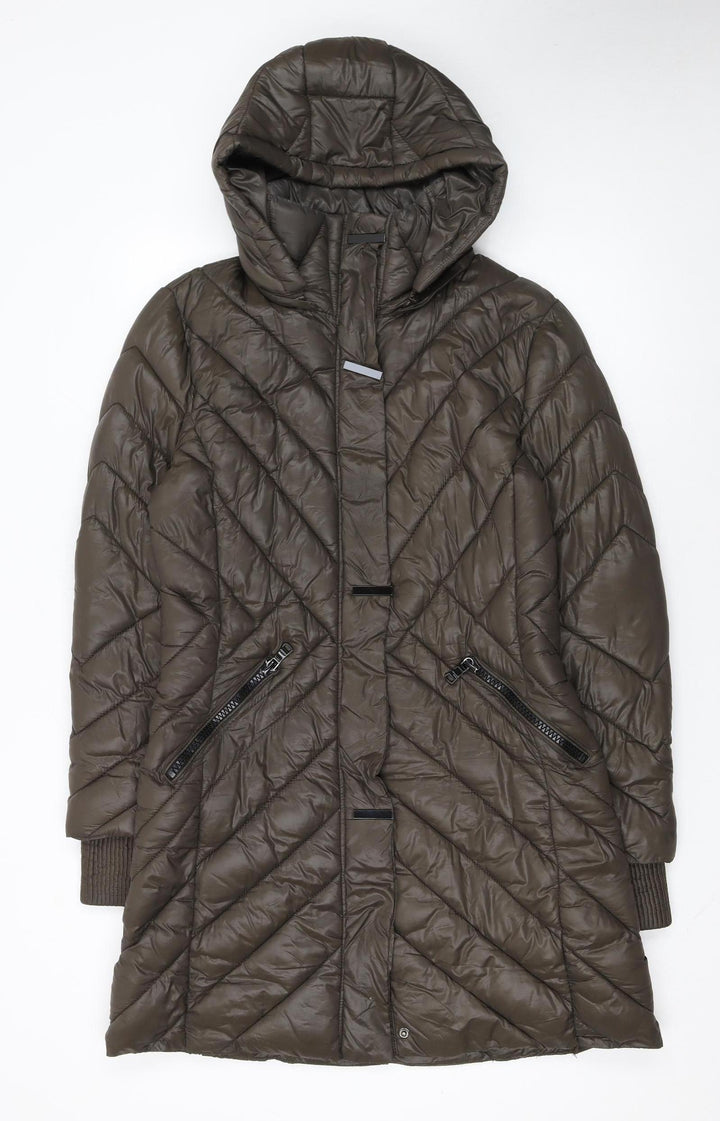 Wados Women Brown Long Puffer Coat Quilted Hooded Size L
