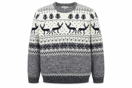 Front view of Xact Men’s Beige Fair Isle Reindeer Winter Crew Neck Jumper 2XL