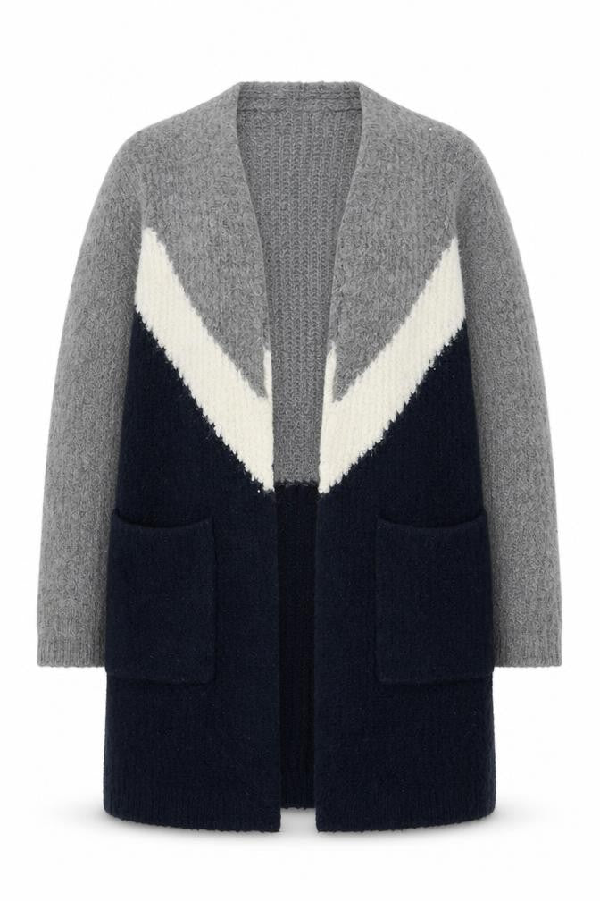 Front view of Marks & Spencer women’s grey navy colour block cardigan small knit