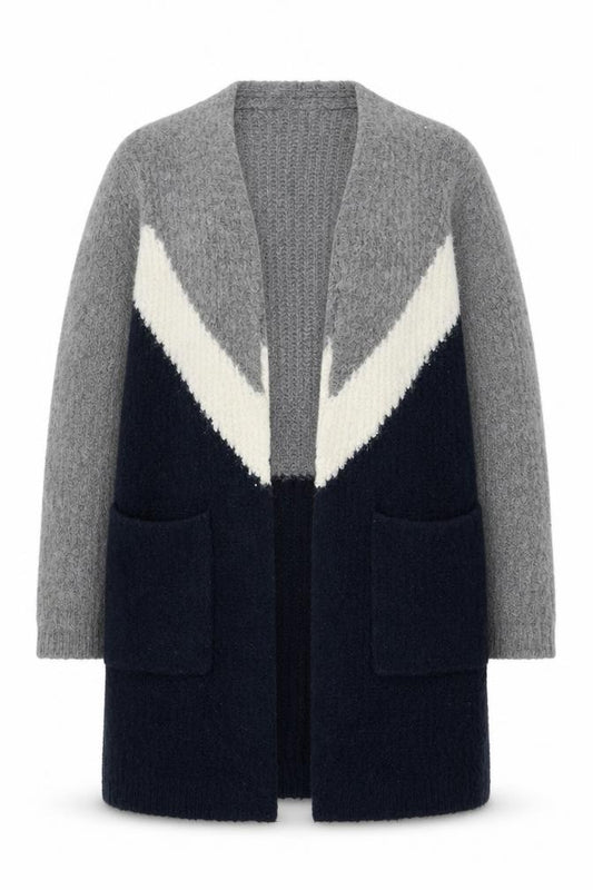 Front view of Marks & Spencer women’s grey navy colour block cardigan small knit