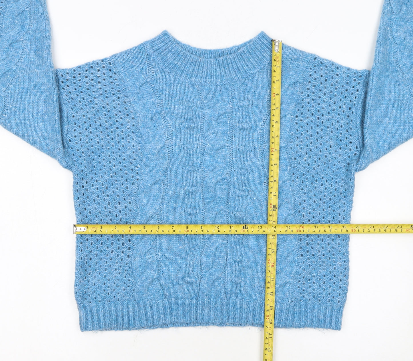 Marks and Spencer Women's Blue Cable Knit Crew Neck Jumper Medium