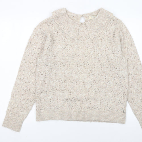 Fat Face Women Beige Collared Open-Knit Alpaca Jumper Size 14