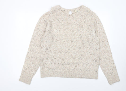 Fat Face Women Beige Collared Open-Knit Alpaca Jumper Size 14