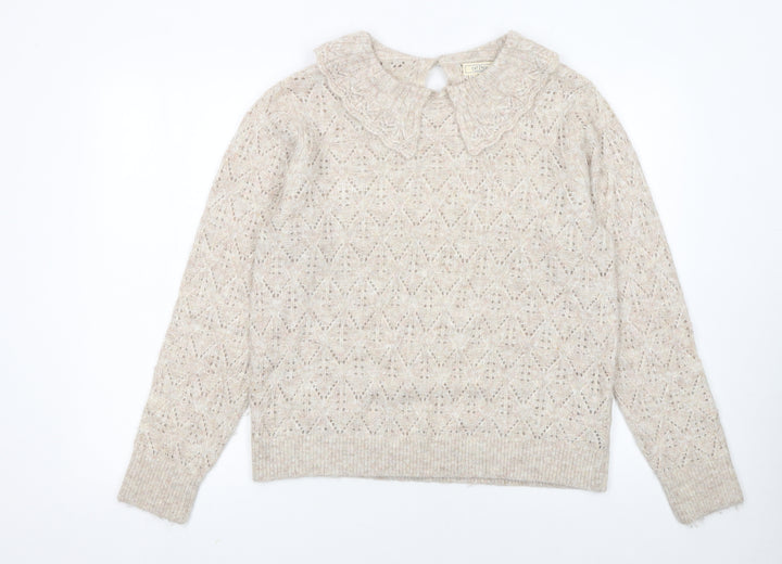 Fat Face Women Beige Collared Open-Knit Alpaca Jumper Size 14